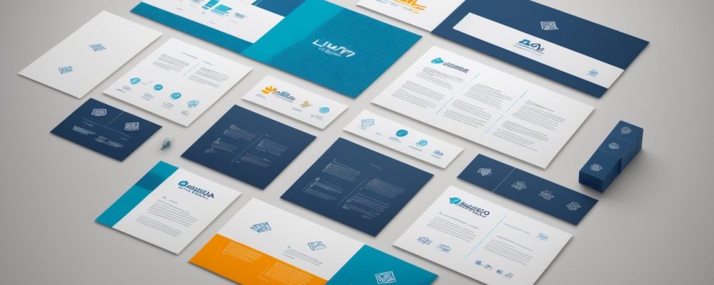 Representação visual de branding digital com elementos de identidade visual, cores e estratégia para empresas