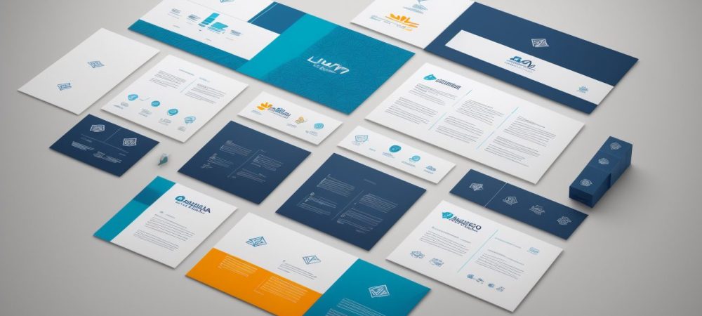 Representação visual de branding digital com elementos de identidade visual, cores e estratégia para empresas