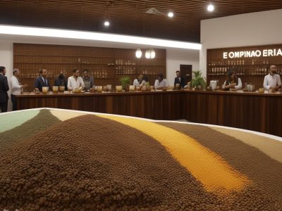 Ilustração do Brasil Império com plantações de café, barões e elementos históricos para o artigo sobre a história do café.