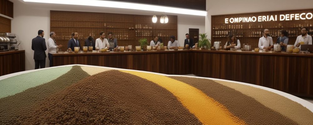 Ilustração do Brasil Império com plantações de café, barões e elementos históricos para o artigo sobre a história do café.