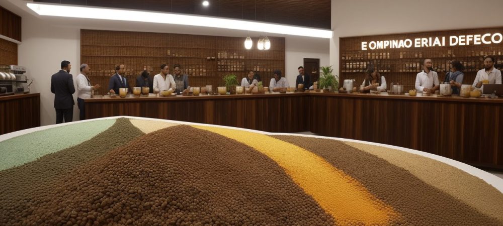 Ilustração do Brasil Império com plantações de café, barões e elementos históricos para o artigo sobre a história do café.