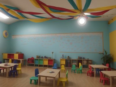 Crianças brincando e aprendendo ativamente em uma sala de aula lúdica, com foco em atividades e jogos educativos