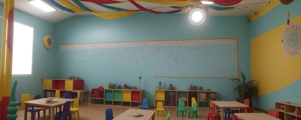 Crianças brincando e aprendendo ativamente em uma sala de aula lúdica, com foco em atividades e jogos educativos