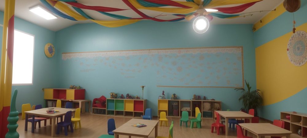 Crianças brincando e aprendendo ativamente em uma sala de aula lúdica, com foco em atividades e jogos educativos