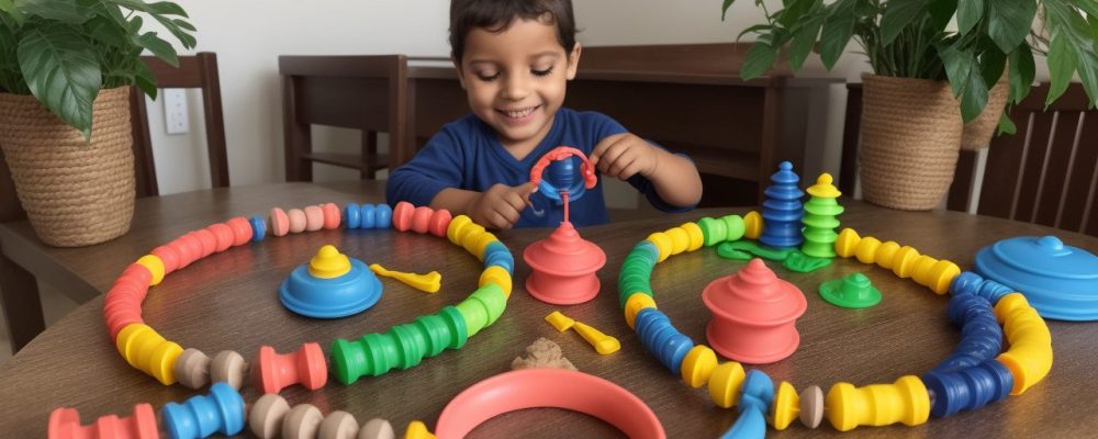 Crianças brincando em uma brinquedoteca infantil, com brinquedos coloridos e um ambiente lúdico que estimula a criatividade e o aprendizado.