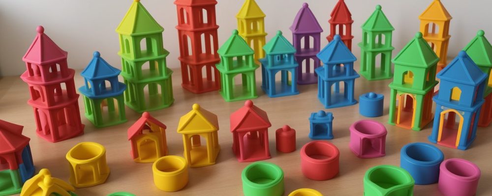 Crianças brincando em uma brinquedoteca infantil bem organizada, com brinquedos educativos e ambiente acolhedor, promovendo o desenvolvimento.