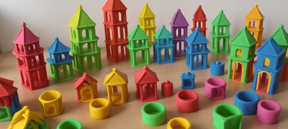 Crianças brincando em uma brinquedoteca infantil bem organizada, com brinquedos educativos e ambiente acolhedor, promovendo o desenvolvimento.