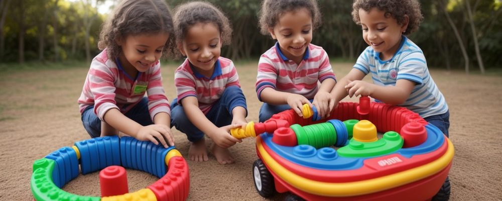 Crianças brincando em uma brinquedoteca infantil, um espaço educativo e lúdico com brinquedos e materiais coloridos