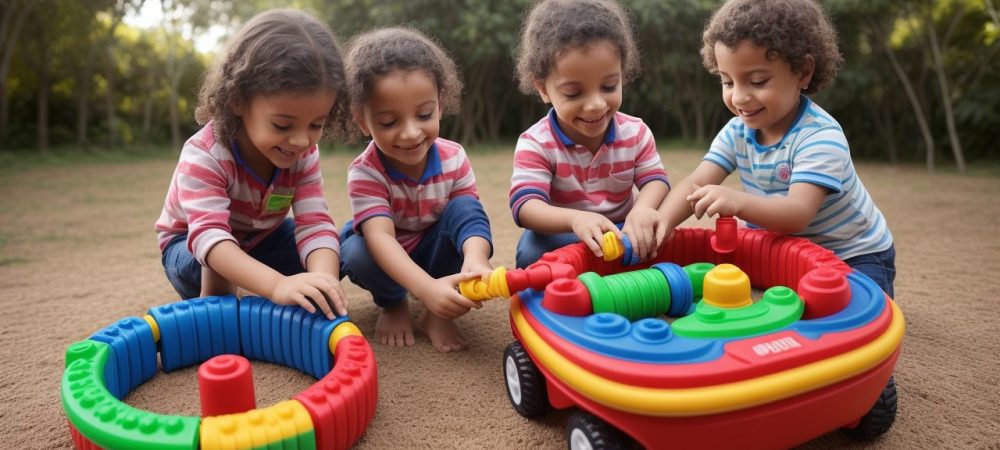 Crianças brincando em uma brinquedoteca infantil, um espaço educativo e lúdico com brinquedos e materiais coloridos