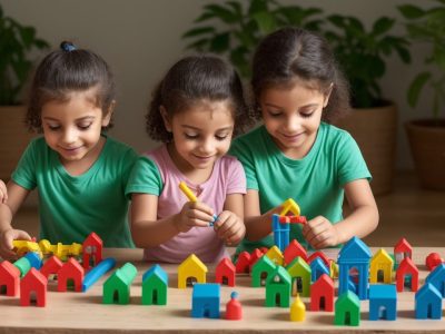 Crianças brincando em uma brinquedoteca infantil, um espaço colorido e lúdico para desenvolvimento e aprendizado.