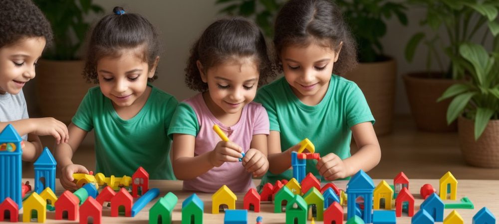 Crianças brincando em uma brinquedoteca infantil, um espaço colorido e lúdico para desenvolvimento e aprendizado.