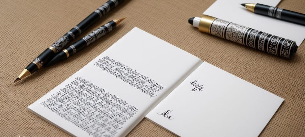 Mãos praticando caligrafia moderna, com caneta tinteiro e letras bonitas em um ambiente de trabalho com inspiração e criatividade.