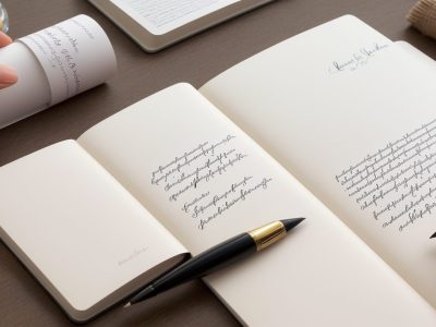 Uma pessoa praticando caligrafia moderna, criando letras bonitas e artísticas com caneta e tinta