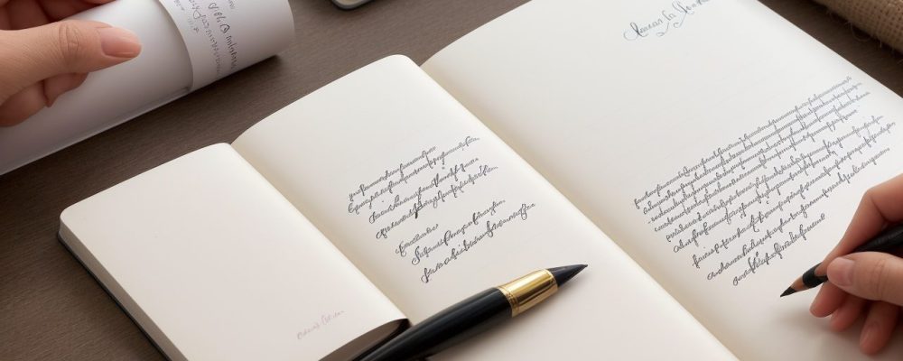 Uma pessoa praticando caligrafia moderna, criando letras bonitas e artísticas com caneta e tinta