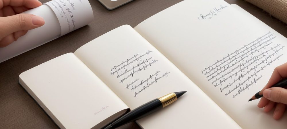 Uma pessoa praticando caligrafia moderna, criando letras bonitas e artísticas com caneta e tinta