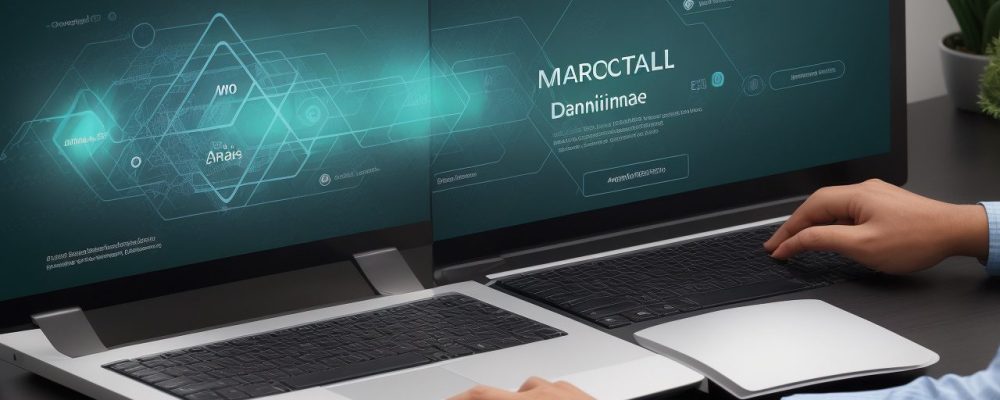 Profissional de marketing trabalhando em campanhas de e-mail marketing com ferramentas de automação e interface de curso online.