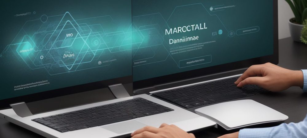 Profissional de marketing trabalhando em campanhas de e-mail marketing com ferramentas de automação e interface de curso online.