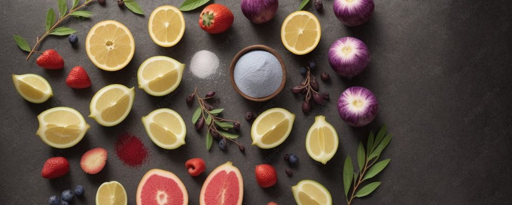 Cardápio funcional com alimentos frescos e coloridos, representando receitas saudáveis e o conceito de nutrição funcional.