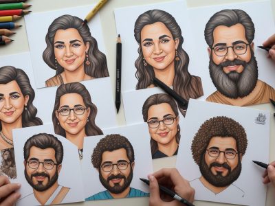 Ilustração de caricatura em progresso, mostrando técnicas de desenho e diferentes estilos artísticos para criar caricaturas de famosos e pessoas comuns.