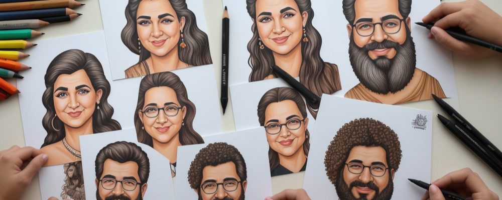 Ilustração de caricatura em progresso, mostrando técnicas de desenho e diferentes estilos artísticos para criar caricaturas de famosos e pessoas comuns.