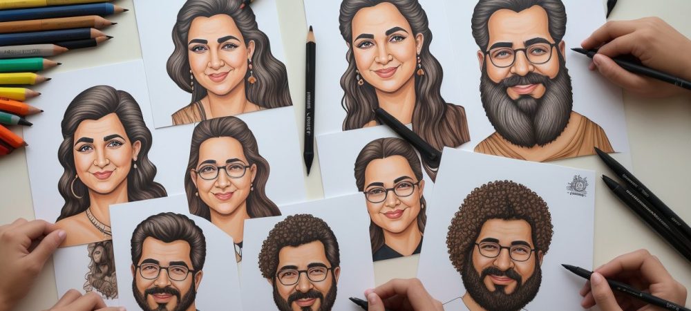 Ilustração de caricatura em progresso, mostrando técnicas de desenho e diferentes estilos artísticos para criar caricaturas de famosos e pessoas comuns.