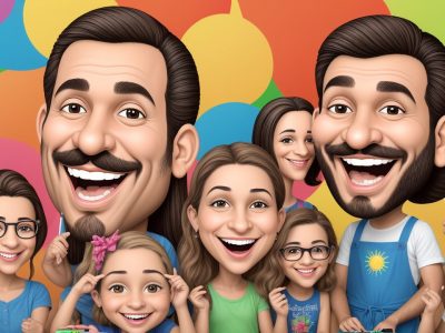 Ilustração vibrante de caricaturas de rostos mostrando técnicas de desenho e humor. Arte e aprendizado.