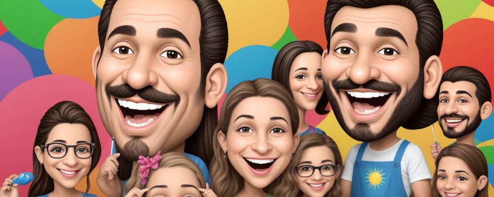 Ilustração vibrante de caricaturas de rostos mostrando técnicas de desenho e humor. Arte e aprendizado.