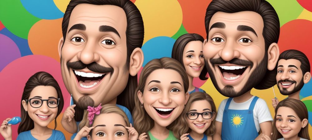 Caricaturas Divertidas: Aprenda a Desenhar Rostos com Humor Ilustração vibrante de caricaturas de rostos mostrando técnicas de desenho e humor. Arte e aprendizado.