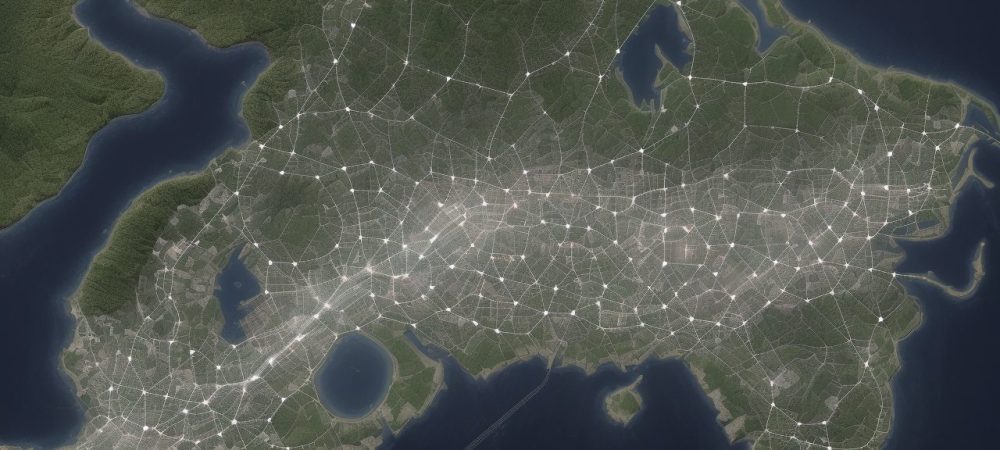 Imagem de um mapa digital interativo sendo usado em um projeto de planejamento urbano, mostrando a importância da cartografia e geoprocessamento.