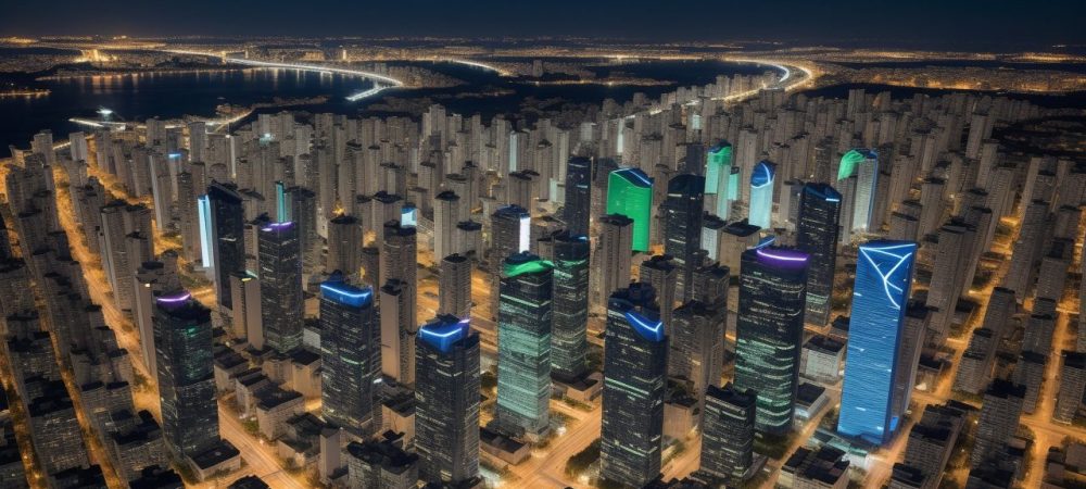 Representação visual da cartografia digital sendo utilizada no planejamento urbano, com mapas e dados geográficos em um ambiente moderno e tecnológico