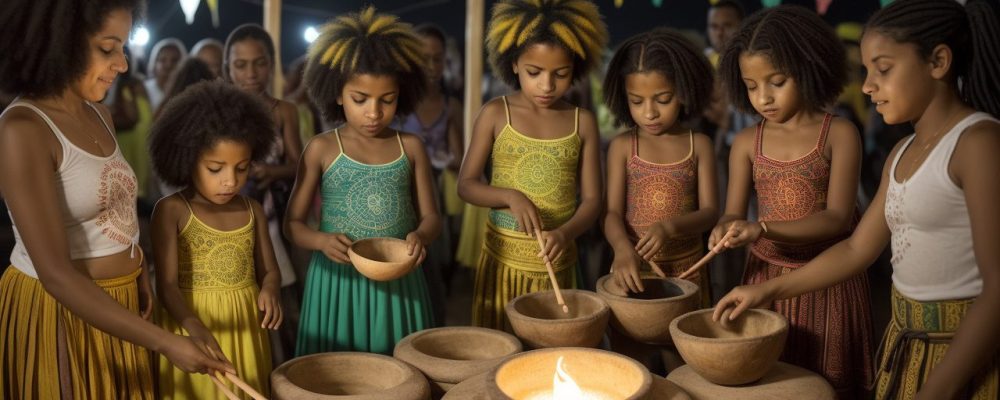 Crianças e adultos celebrando a cultura afro-brasileira em um evento do Dia da Consciência Negra, com símbolos de respeito e igualdade.