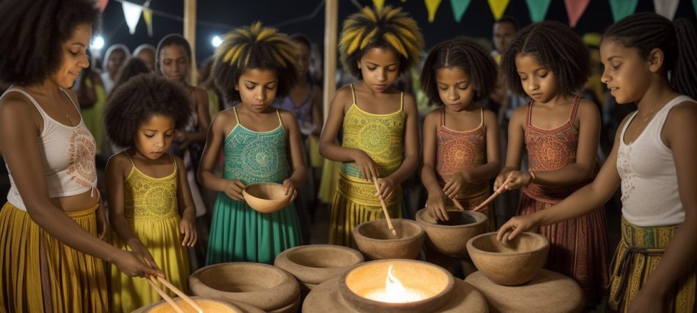Crianças e adultos celebrando a cultura afro-brasileira em um evento do Dia da Consciência Negra, com símbolos de respeito e igualdade.
