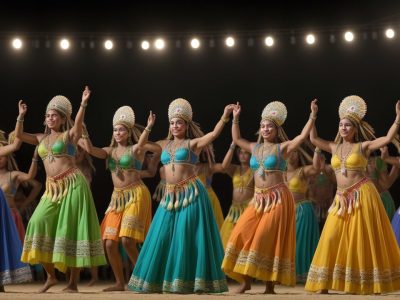 Imagem vibrante de um evento cultural brasileiro, mostrando dançarinos, músicos e pessoas celebrando a diversidade cultural brasileira