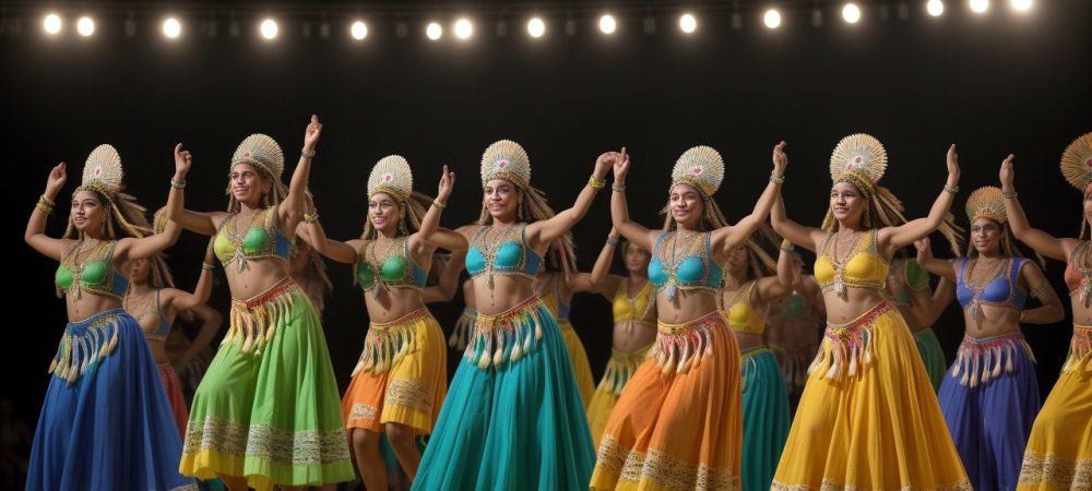 Imagem vibrante de um evento cultural brasileiro, mostrando dançarinos, músicos e pessoas celebrando a diversidade cultural brasileira