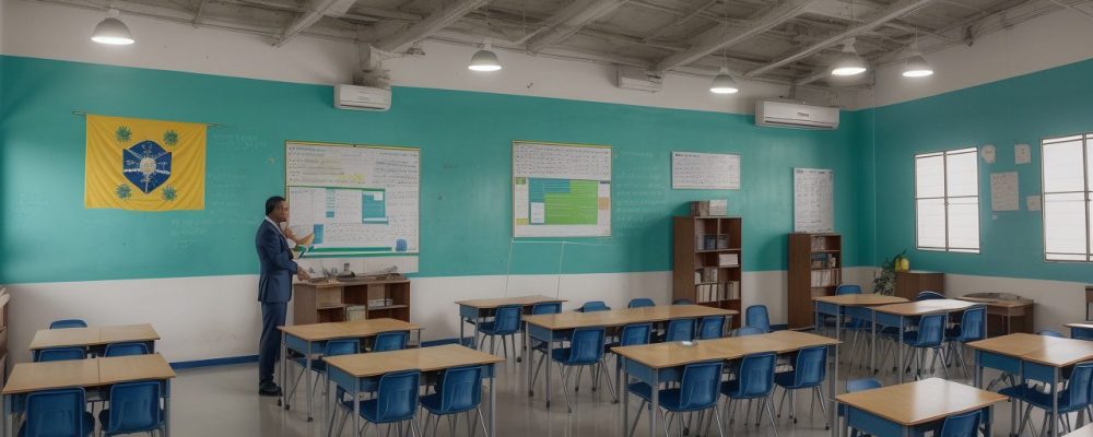 Ilustração mostrando um gráfico do Censo Escolar 2024 com estudantes e professores, representando a educação básica no Brasil