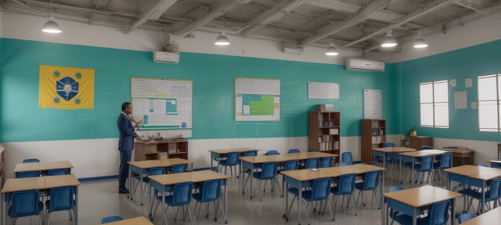 Ilustração mostrando um gráfico do Censo Escolar 2024 com estudantes e professores, representando a educação básica no Brasil