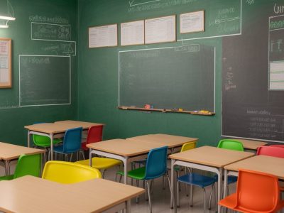 Gráfico de dados do censo escolar em uma sala de aula moderna, representando a análise e o impacto na educação.