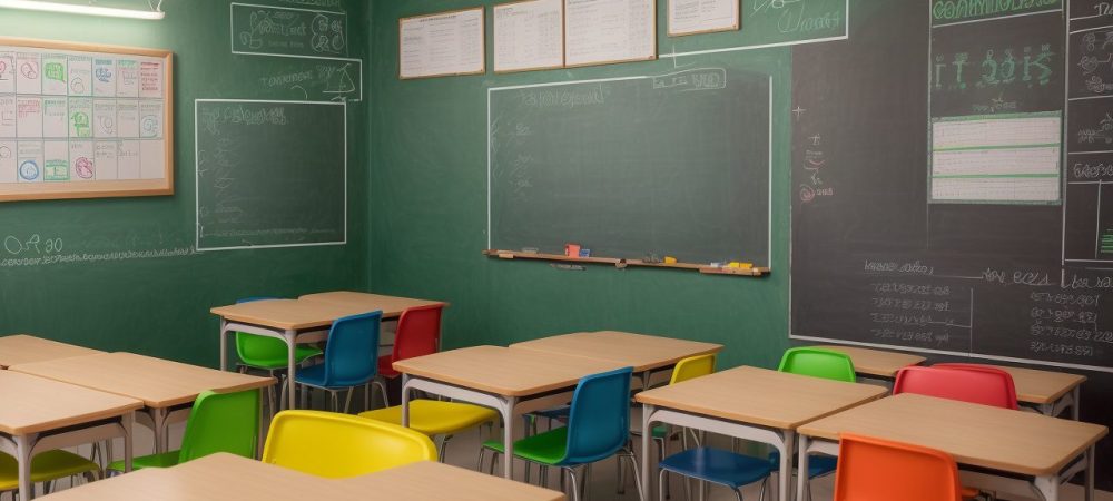 Gráfico de dados do censo escolar em uma sala de aula moderna, representando a análise e o impacto na educação.