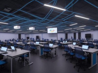 Alunos em sala de aula, utilizando ferramentas digitais interativas, representando a cibercultura na educação e transformação digital.