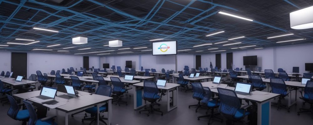 Alunos em sala de aula, utilizando ferramentas digitais interativas, representando a cibercultura na educação e transformação digital.