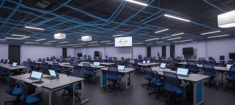 Alunos em sala de aula, utilizando ferramentas digitais interativas, representando a cibercultura na educação e transformação digital.