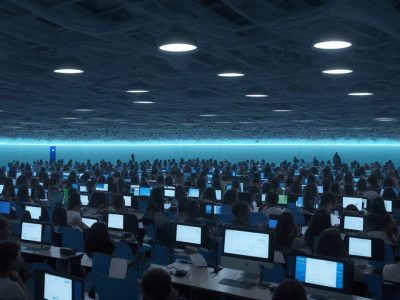 Alunos e professor interagindo em sala de aula moderna, com elementos de cibercultura e cultura digital