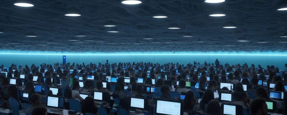 Alunos e professor interagindo em sala de aula moderna, com elementos de cibercultura e cultura digital