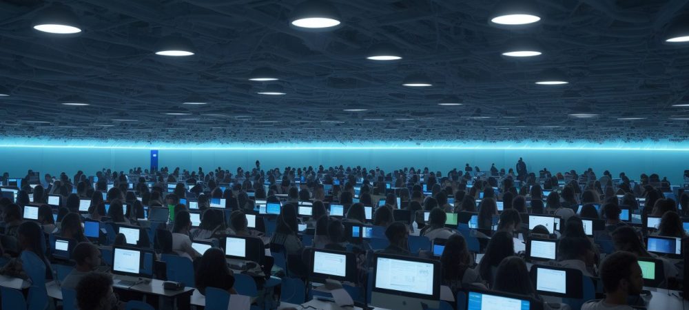 Alunos e professor interagindo em sala de aula moderna, com elementos de cibercultura e cultura digital