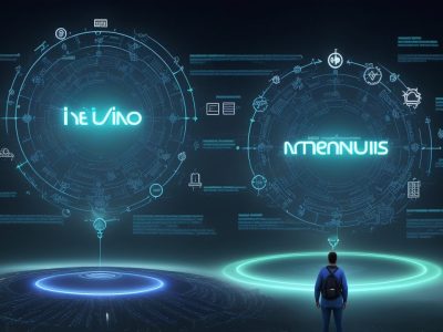 Imagem ilustrando cibercultura na educação, com alunos interagindo com tecnologias e professores em um ambiente moderno e colaborativo.