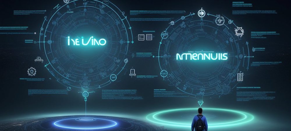 Imagem ilustrando cibercultura na educação, com alunos interagindo com tecnologias e professores em um ambiente moderno e colaborativo.