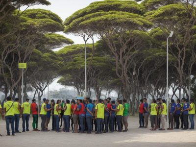 Ilustração mostrando cidadãos participando ativamente da comunidade, com símbolos dos direitos e deveres e a bandeira do Brasil ao fundo.