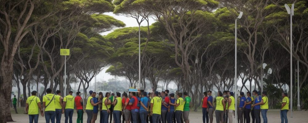 Ilustração mostrando cidadãos participando ativamente da comunidade, com símbolos dos direitos e deveres e a bandeira do Brasil ao fundo.