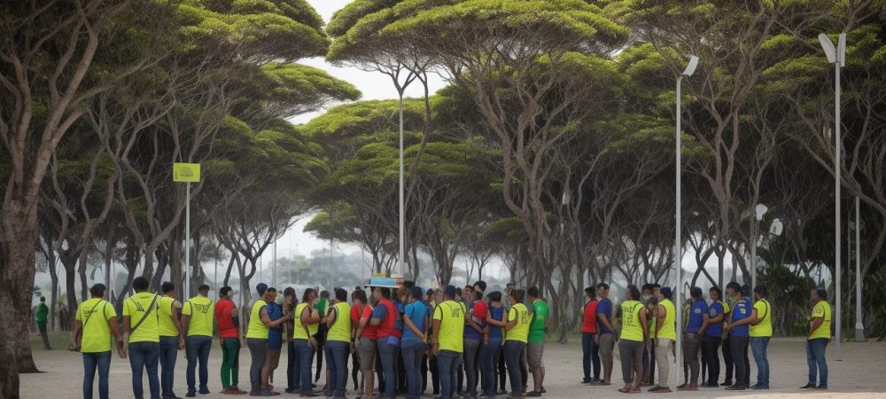 Ilustração mostrando cidadãos participando ativamente da comunidade, com símbolos dos direitos e deveres e a bandeira do Brasil ao fundo.