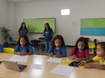 Educadores engajados em curso online de cidadania digital, utilizando tecnologia para aprimorar práticas de ensino e liderança digital.